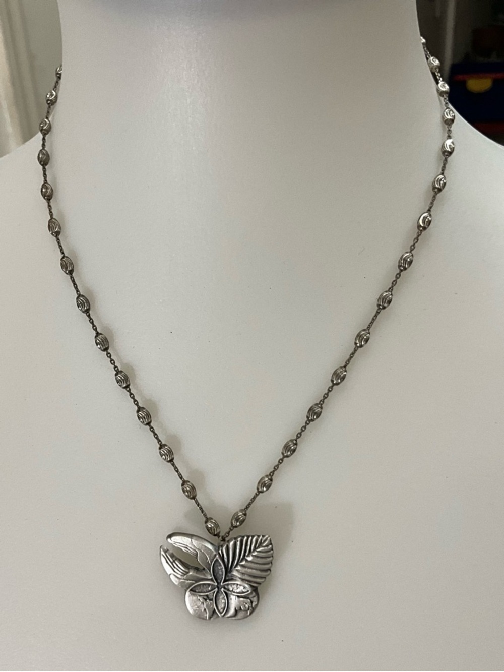 Sterling Silver Dove World Peace Brooch Pendant Necklace w/ Beaded Chain 18”